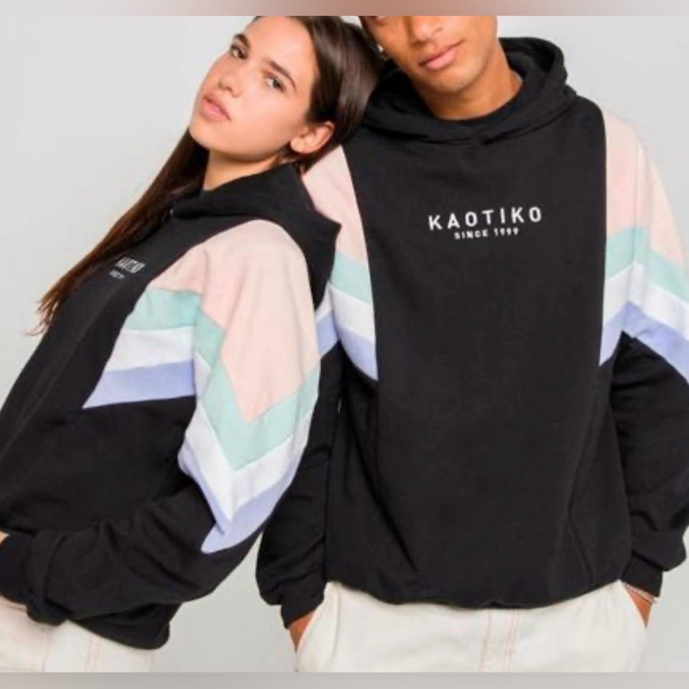 KAOTIKO, Black Hoodie with Pastel Chevron Sleeves, Size Small